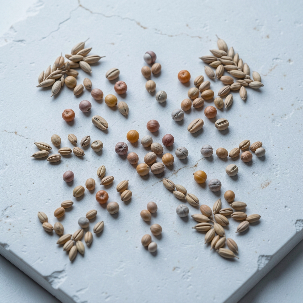 Makroaufnahme von verschiedenen Hülsenfrüchten und Getreidekörnern auf einer hellen Steinfläche, geometrisch angeordnet, sachliche Draufsicht, kühles Licht