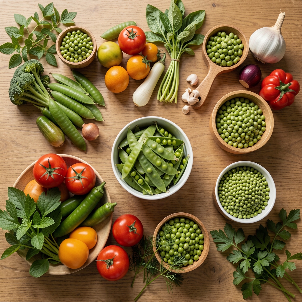 Einkaufskorb aus Weidengeflecht gefüllt mit bunt gemischtem Saisongemüse auf einem Markttisch, Nahaufnahme, strukturierte Komposition, sachliche Stimmung