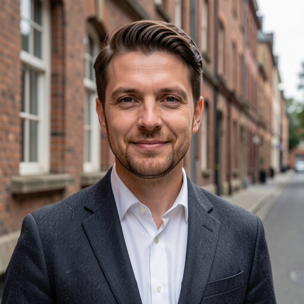 Fassade eines klassischen Hamburger Kontorhauses mit historischen Ziegelsteinen und hohen Fenstern, ruhige Straßenperspektive, gedämpftes Tageslicht