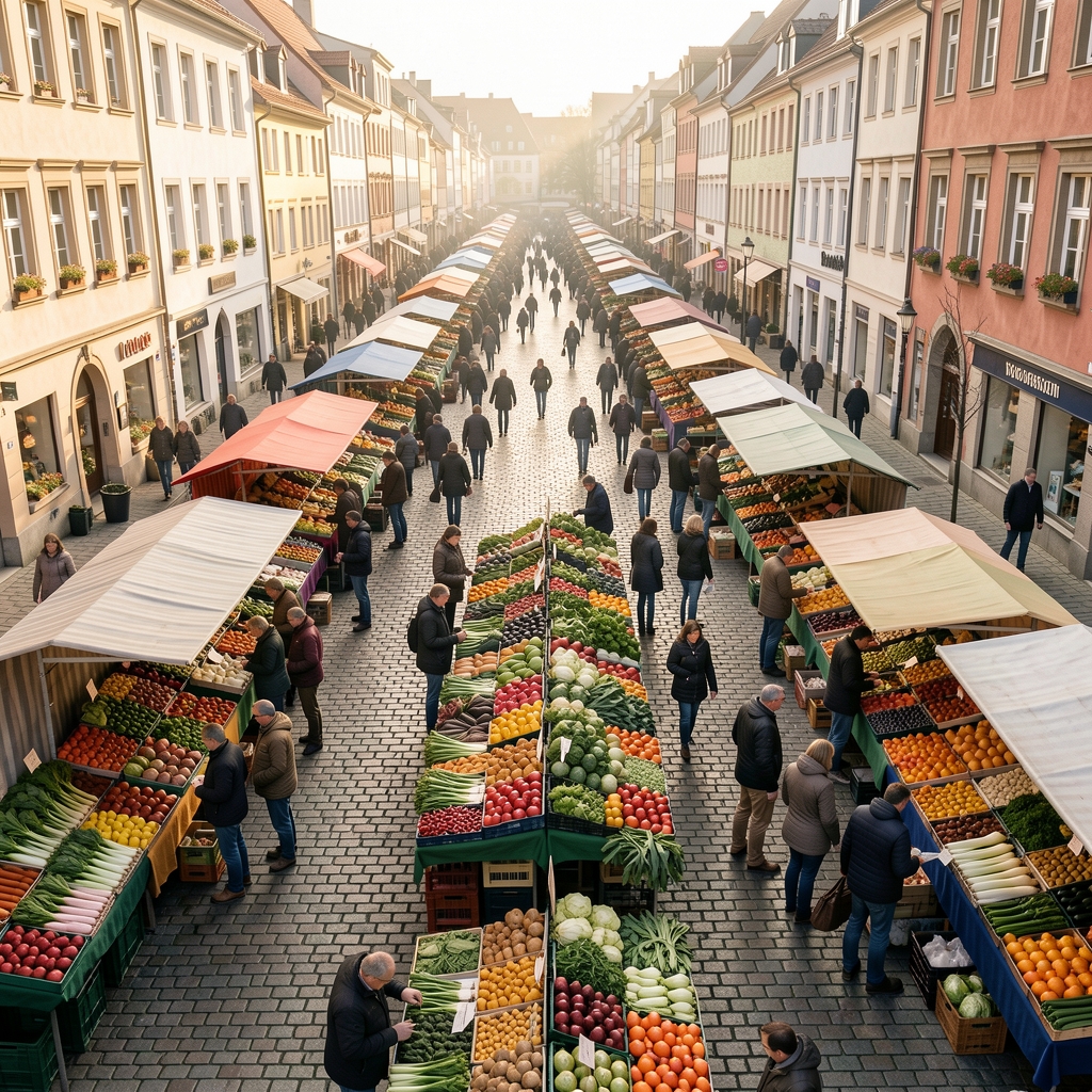 Weitläufiger Wochenmarkt in einer deutschen Stadt aus der Vogelperspektive, mit bunten Gemüse- und Obstständen, natürliches Morgenlicht, atmosphärisch und ruhig