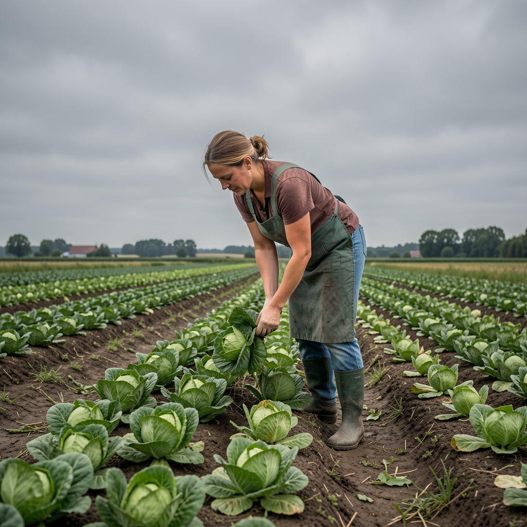 Bäuerin auf einem Feld in Norddeutschland beim Ernten von grünem Blattgemüse, Weitwinkelaufnahme, graues Himmelslicht, ruhige Atmosphäre